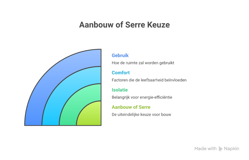 Infographic die de belangrijkste verschillen toont tussen aanbouw en serre op isolatie, comfort en gebruik