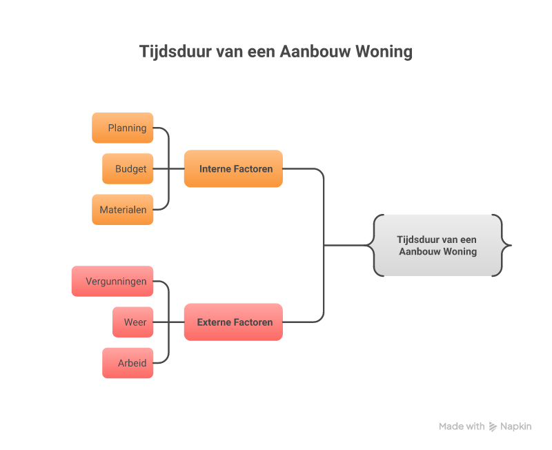 Infographic die interne en externe factoren toont die invloed hebben op de duur van een woningaanbouw