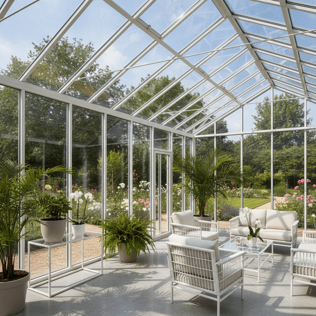 Moderne, glazen serre aan woning met uitzicht op groene tuin