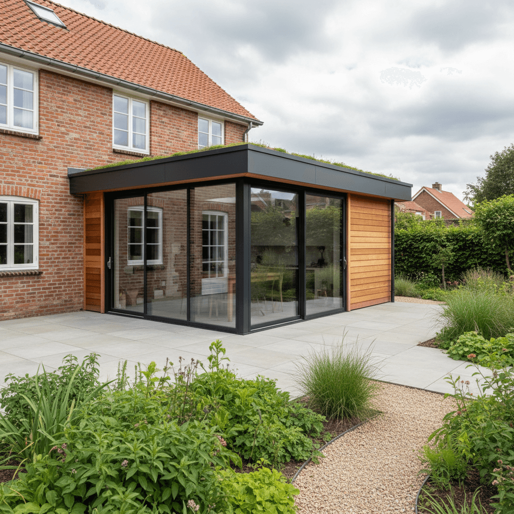 aanbouw aan een woning zichtbaar met extra kamer of serre
