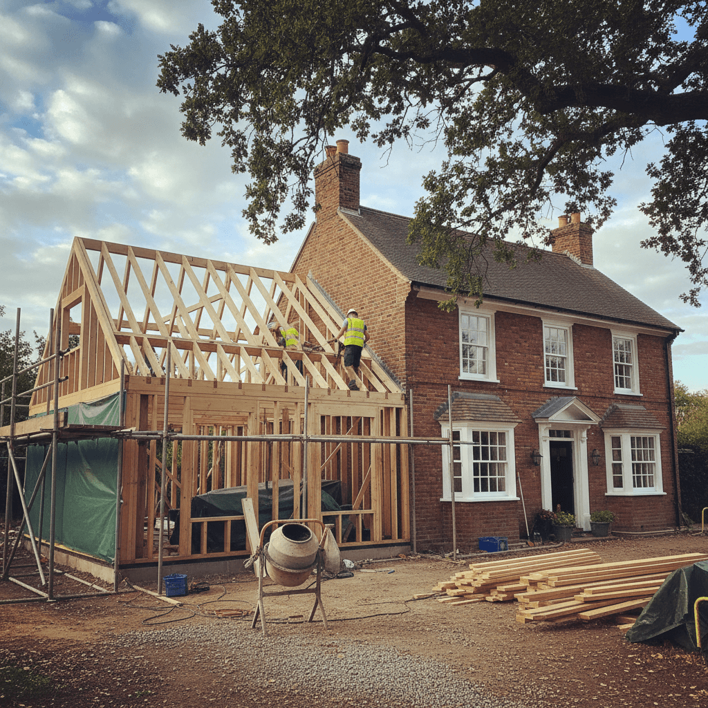 huis met aanbouw in aanbouw, overzicht van bouwfase en hoogte