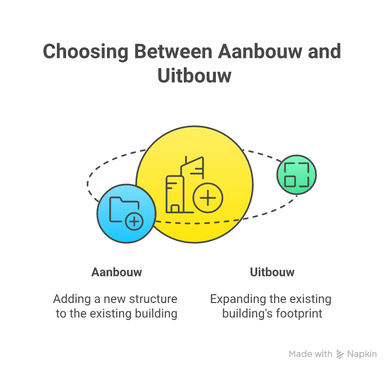 infographic die de verschillen tussen aanbouw en uitbouw schetst qua kosten, functies en ruimte