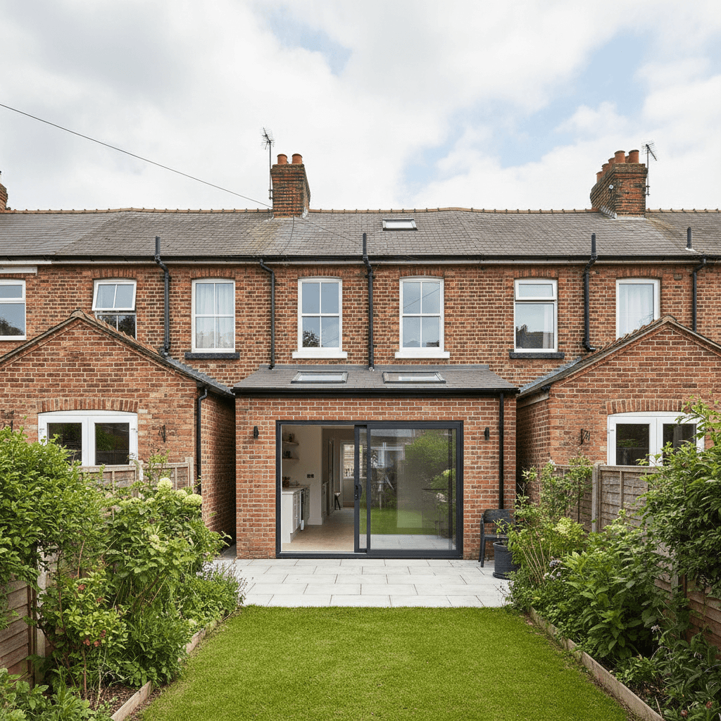 rijtjeshuis met aanbouw aan de achterzijde, voorbeeld van hoogte en ligging